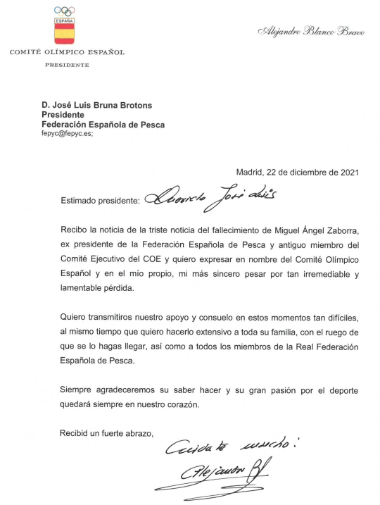 Carta condolencias Alejandro Blanco, presidente COI